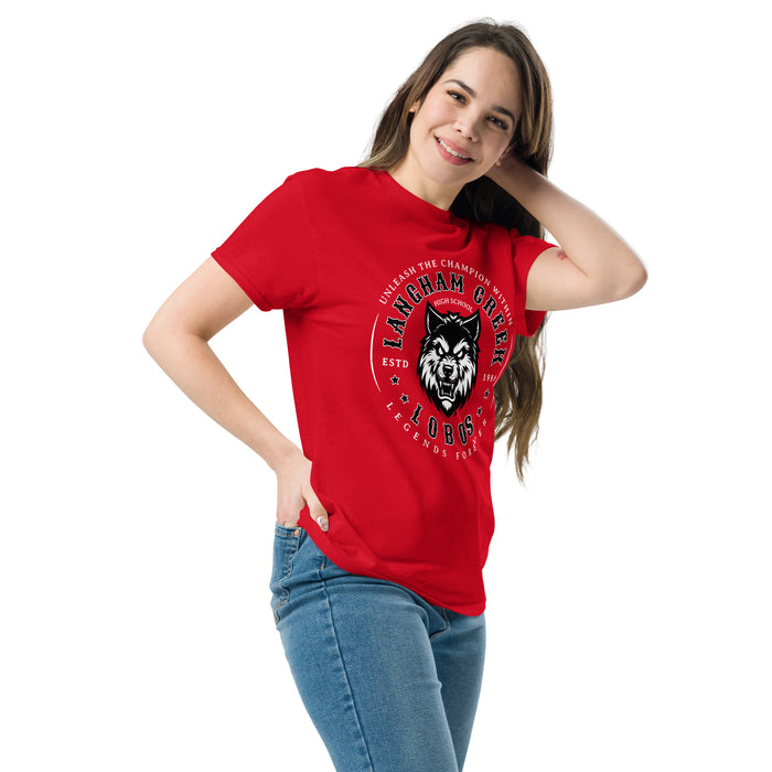 Woman wearing Langham Creek High School Lobos Red Classic Unisex T-shirt 214