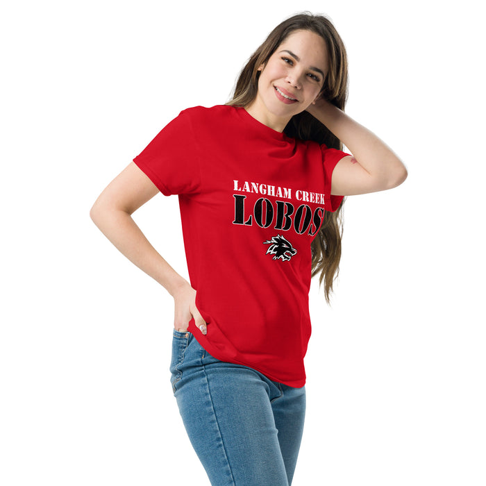 Woman wearing Langham Creek High School Lobos Red Classic Unisex T-shirt 222