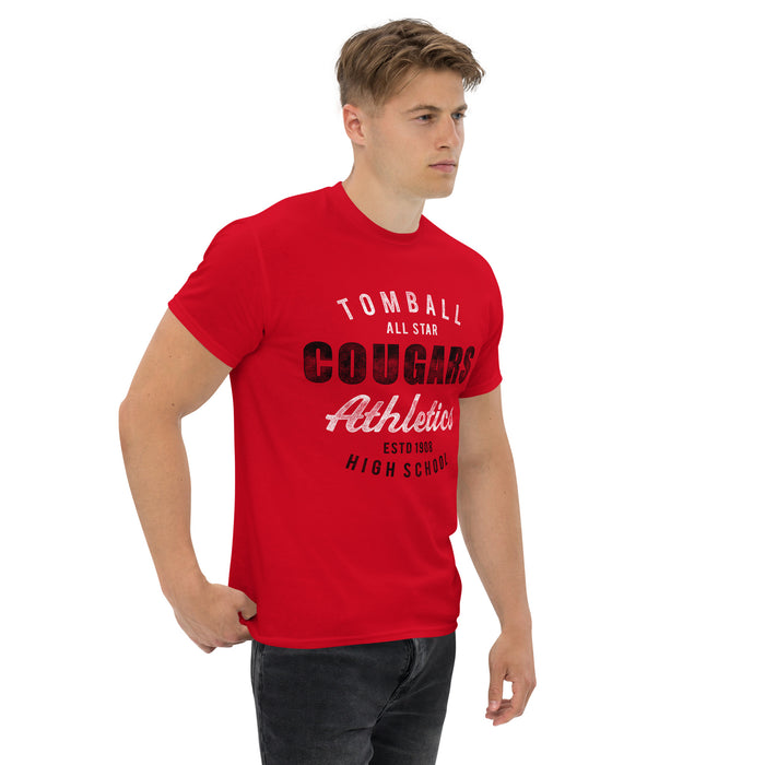 Man wearing a Tomball High School Cougars Classic Unisex Red T-shirt 34a