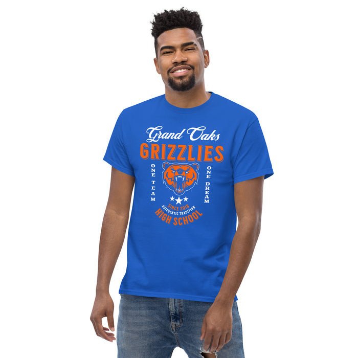 Man wearing a Grand Oaks High School Grizzlies Classic Unisex Royal T-shirt 08