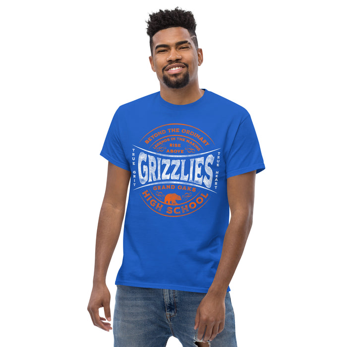 Man wearing a Grand Oaks High School Grizzlies Classic Unisex Royal T-shirt 10