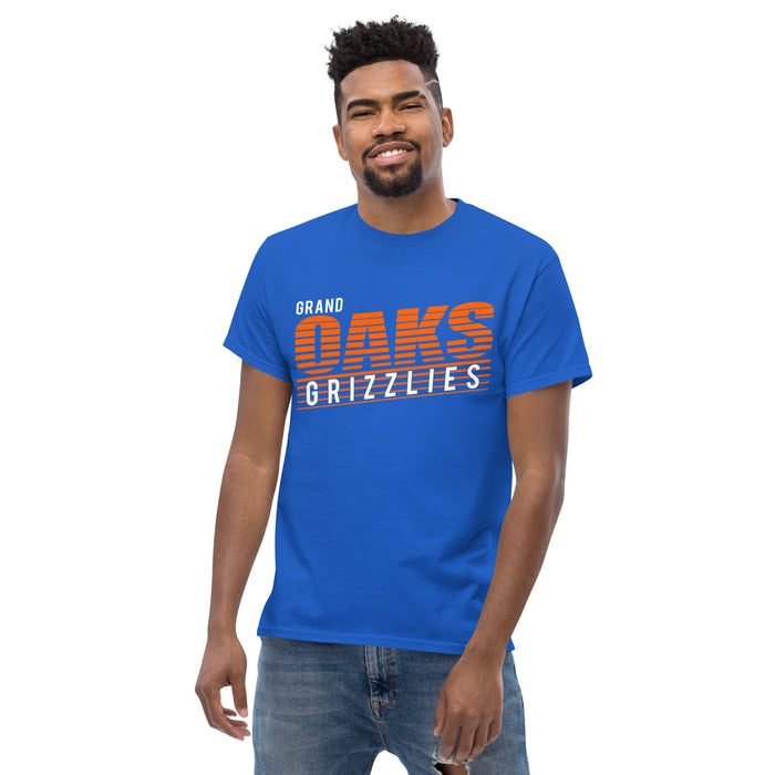 Man wearing a Grand Oaks High School Grizzlies Classic Unisex Royal T-shirt 32