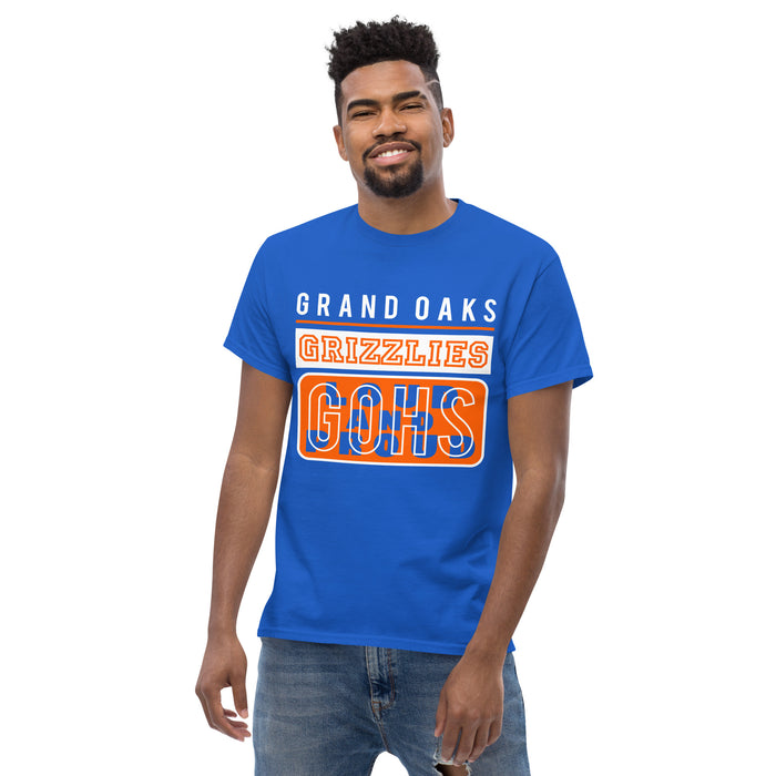 Man wearing a Grand Oaks High School Grizzlies Classic Unisex Royal T-shirt 86