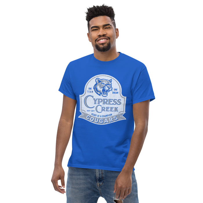 Man wearing Cypress Creek High School Cougars Royal Blue Classic Unisex T-shirt 215