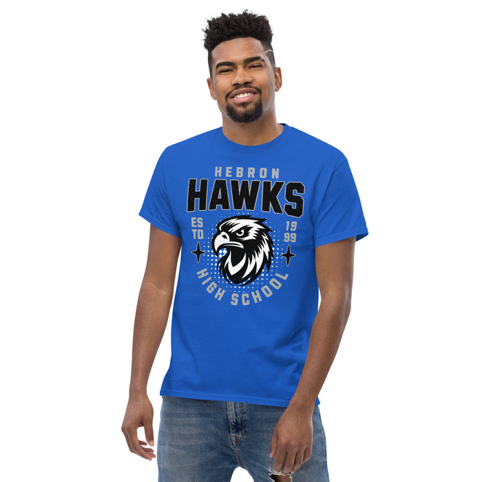 Man wearing Hebron High School Hawks Royal Blue Classic Unisex T-shirt 204