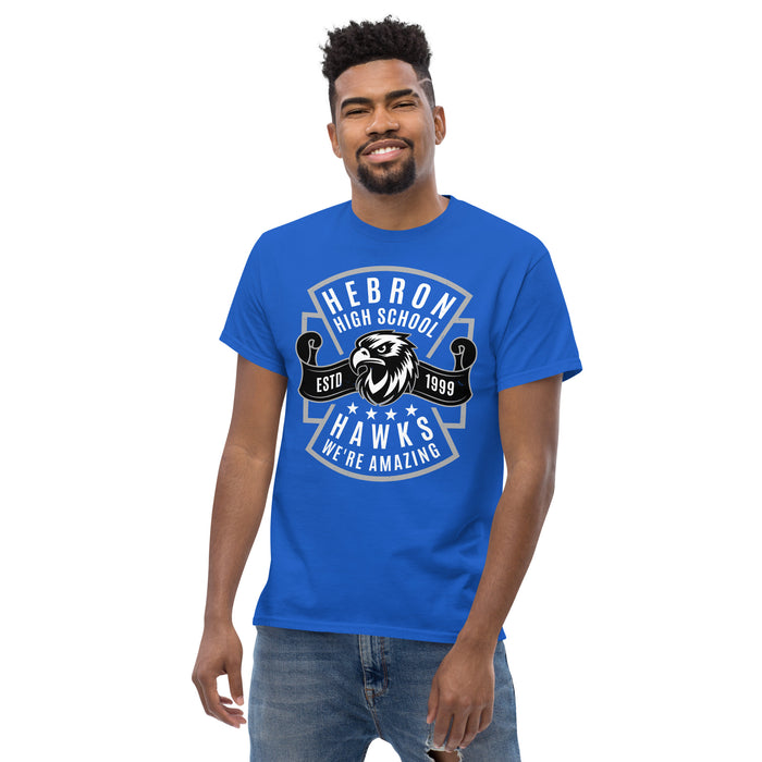 Man wearing Hebron High School Hawks Royal Blue Classic Unisex T-shirt 207