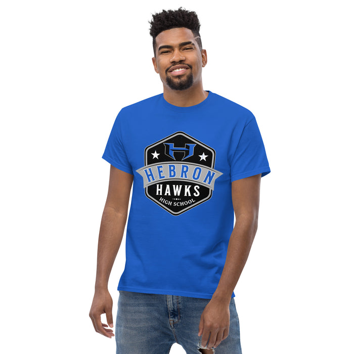 Man wearing Hebron High School Hawks Royal Blue Classic Unisex T-shirt 209