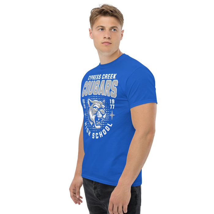 Man wearing Cypress Creek High School Cougars Royal Blue Classic Unisex T-shirt 204a