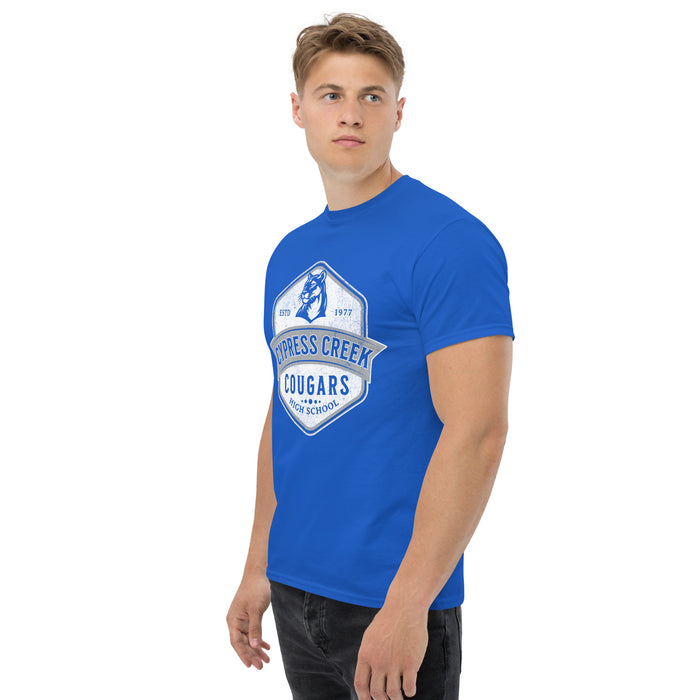 Man wearing Cypress Creek High School Cougars Royal Blue Classic Unisex T-shirt 205a