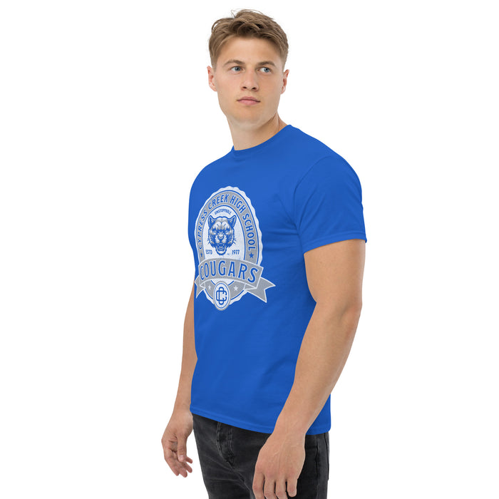 Man wearing Cypress Creek High School Cougars Royal Blue Classic Unisex T-shirt 212a