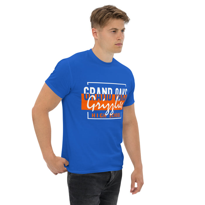 Man wearing a Grand Oaks High School Grizzlies Classic Unisex Royal T-shirt 05a