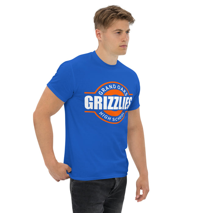 Man wearing a Grand Oaks High School Grizzlies Classic Unisex Royal T-shirt 11a