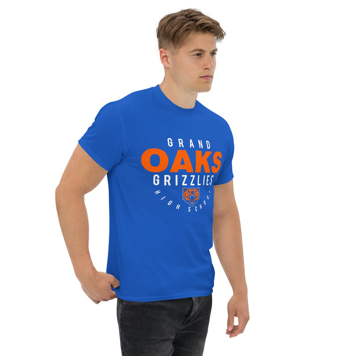 Man wearing a Grand Oaks High School Grizzlies Classic Unisex Royal T-shirt 12a