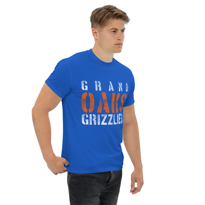 Man wearing a Grand Oaks High School Grizzlies Classic Unisex Royal T-shirt 17a