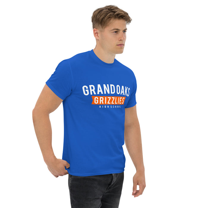 Man wearing a Grand Oaks High School Grizzlies Classic Unisex Royal T-shirt 21a