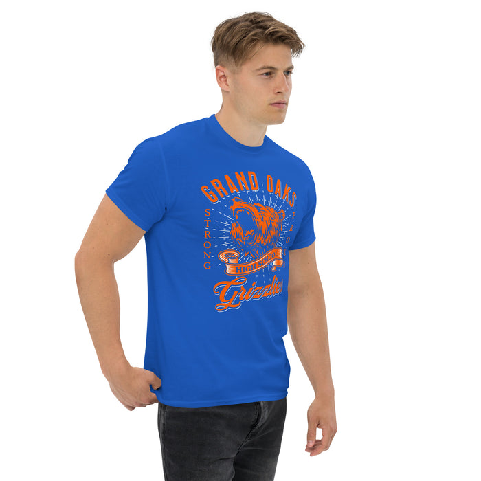 Man wearing a Grand Oaks High School Grizzlies Classic Unisex Royal T-shirt 26a