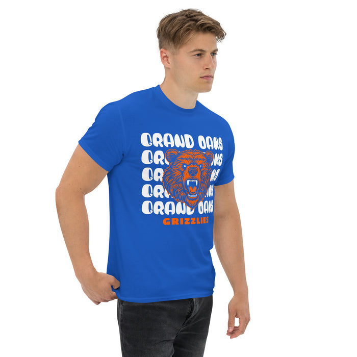 Man wearing a Grand Oaks High School Grizzlies Classic Unisex Royal T-shirt 28a