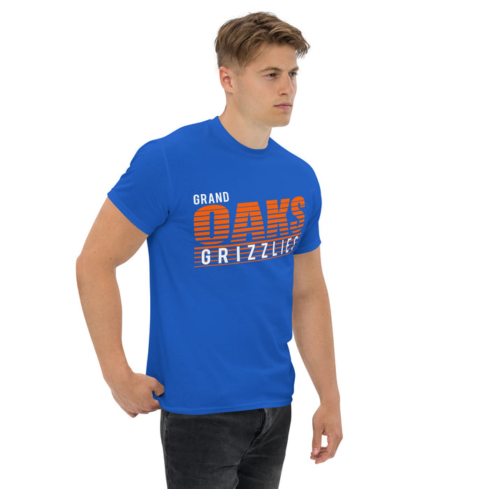 Man wearing a Grand Oaks High School Grizzlies Classic Unisex Royal T-shirt 32a