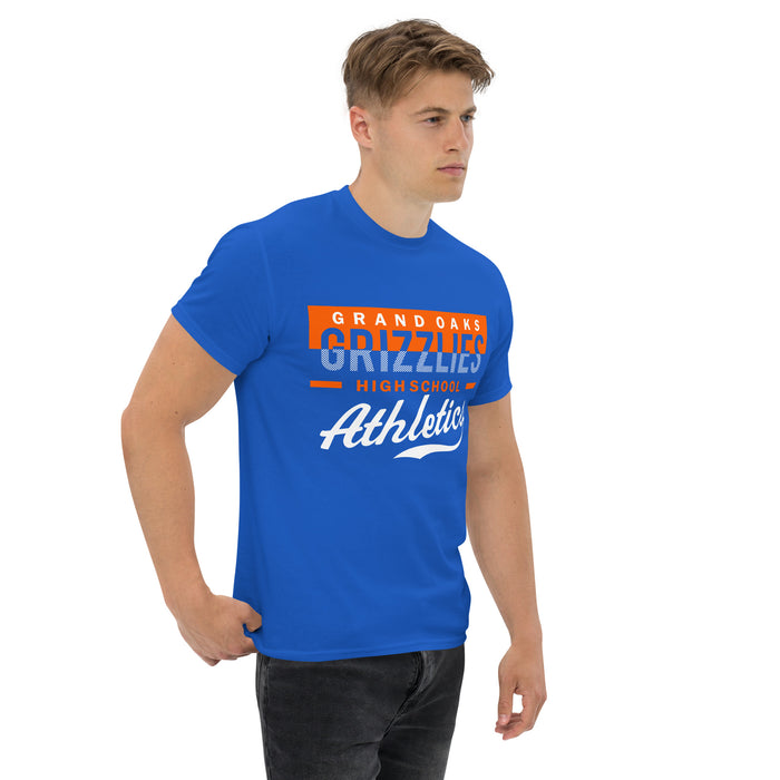 Man wearing a Grand Oaks High School Grizzlies Classic Unisex Royal T-shirt 48a