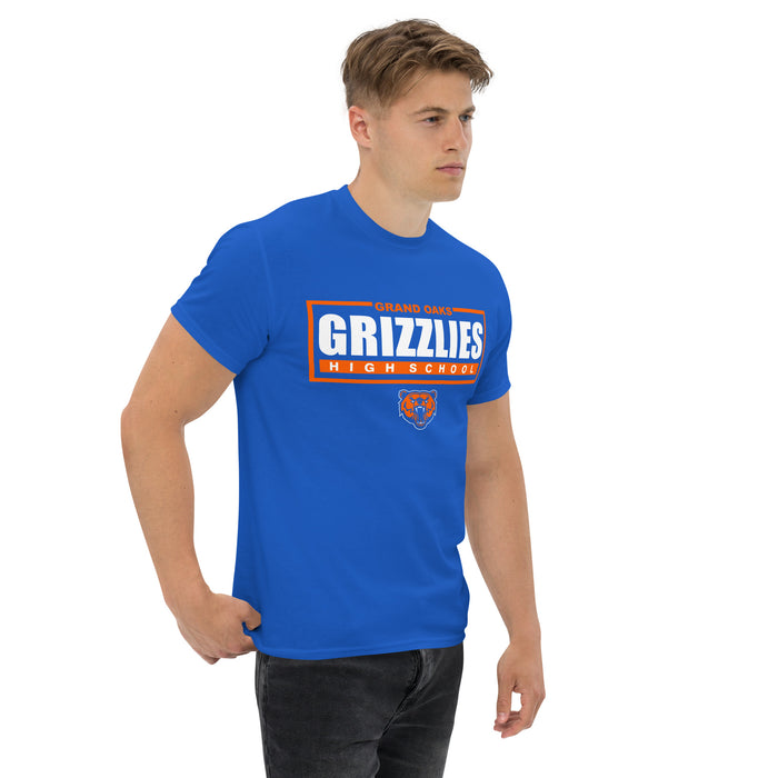 Man wearing a Grand Oaks High School Grizzlies Classic Unisex Royal T-shirt 49a