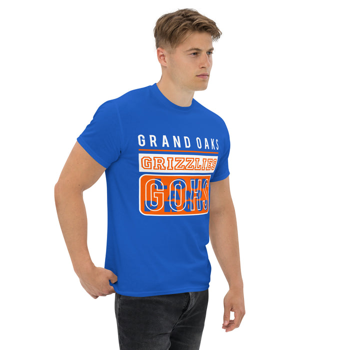 Man wearing a Grand Oaks High School Grizzlies Classic Unisex Royal T-shirt 86a