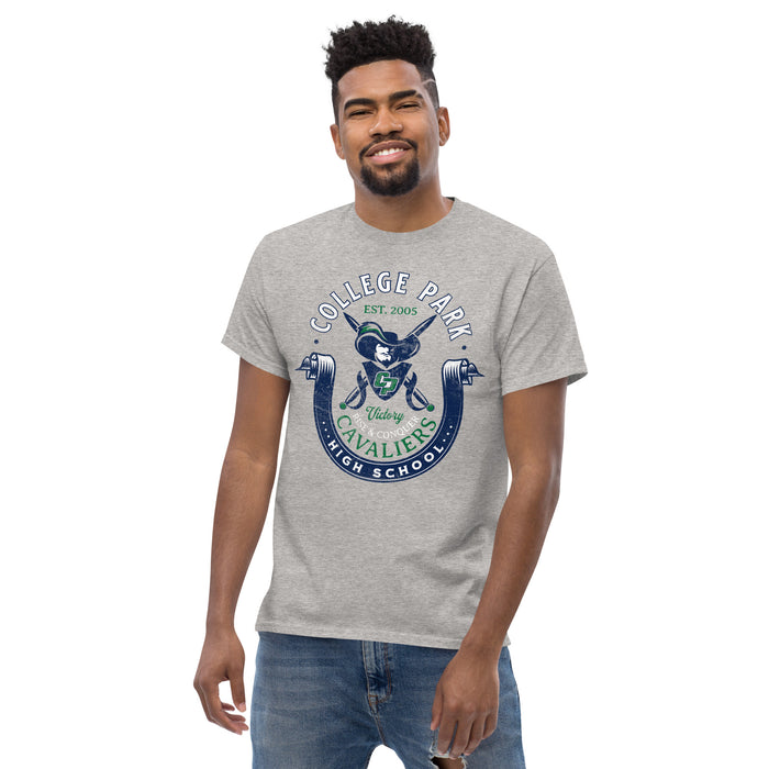 Man wearing a College Park High School Cavaliers Classic Unisex Sport Grey T-shirt 203a