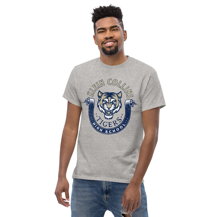 Man wearing a Klein Collins High School Tigers Classic Unisex Sport Grey T-shirt 204a