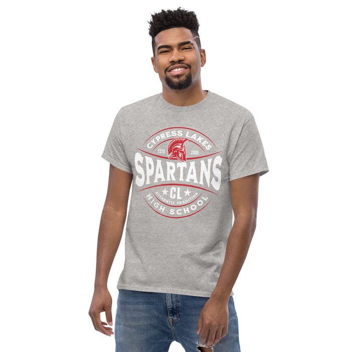 Man wearing Cypress Lakes High School Spartans Sport Grey Classic Unisex T-shirt 218