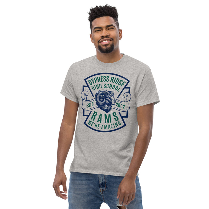 Man wearing Cypress Ridge High School Rams Sport Grey Classic Unisex T-shirt 207