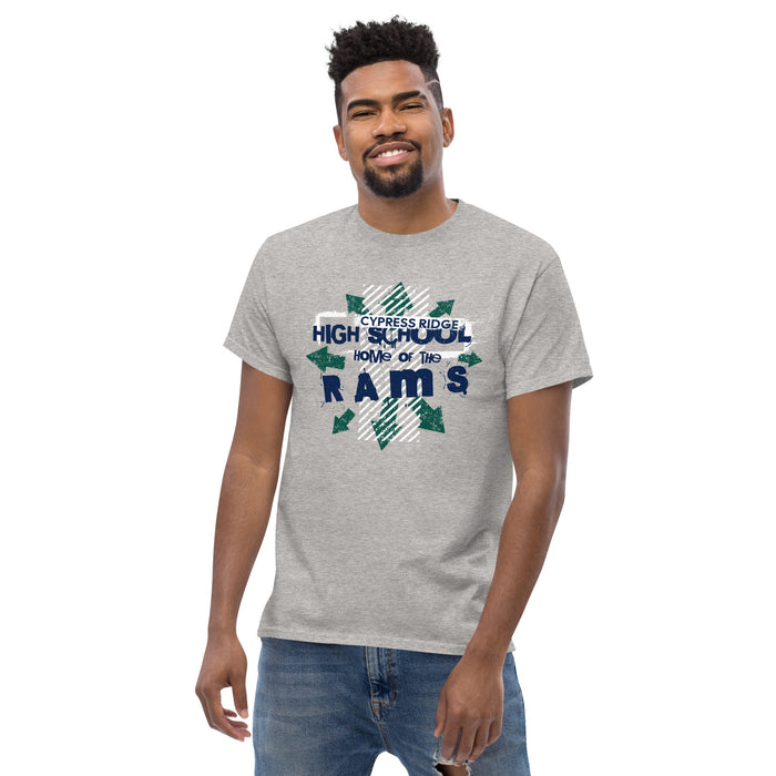 Man wearing Cypress Ridge High School Rams Sport Grey Classic Unisex T-shirt 210