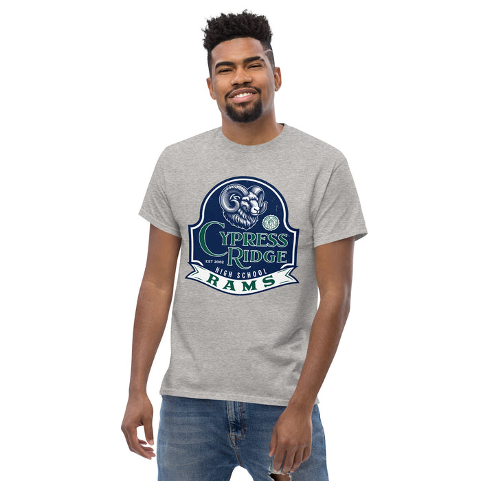 Man wearing Cypress Ridge High School Rams Sport Grey Classic Unisex T-shirt 219