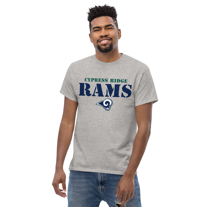 Man wearing Cypress Ridge High School Rams Sport Grey Classic Unisex T-shirt 222