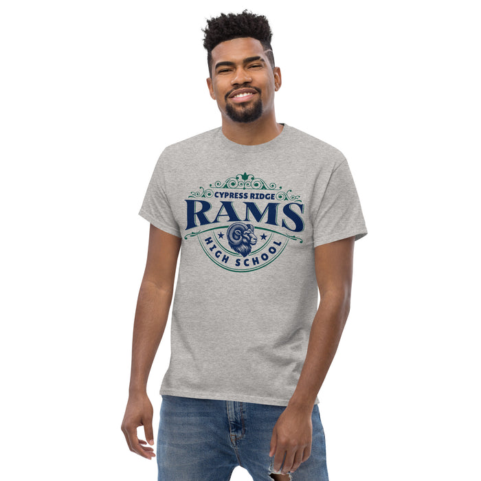 Man wearing Cypress Ridge High School Rams Sport Grey Classic Unisex T-shirt 211