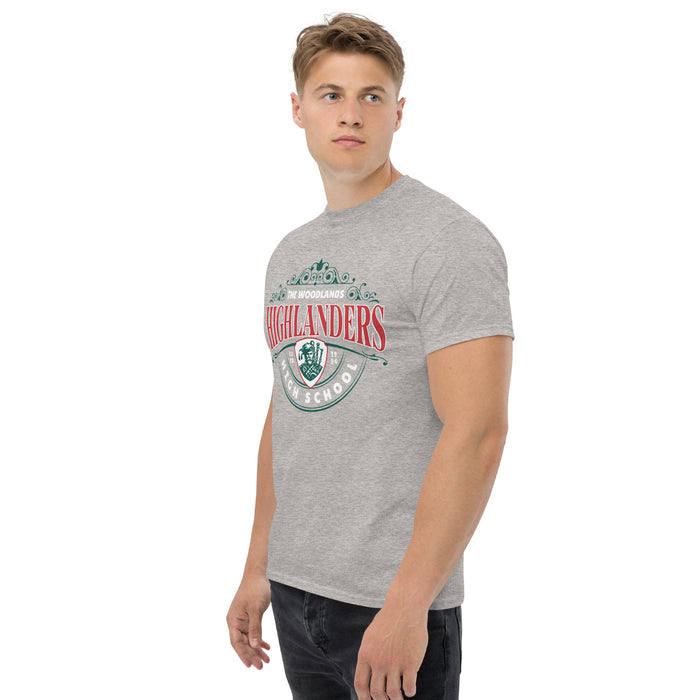 Man wearing a The Woodlands High School Highlanders Sport Grey Classic Unisex T-shirt 211a