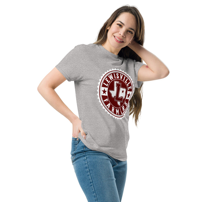 Woman wearing Lewisville High School Farmers Grey Classic Unisex T-shirt 203