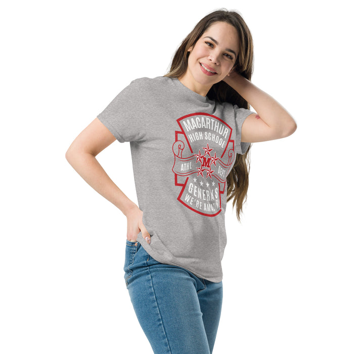 Woman wearing MacArthur High School Generals Grey Classic Unisex T-shirt 207