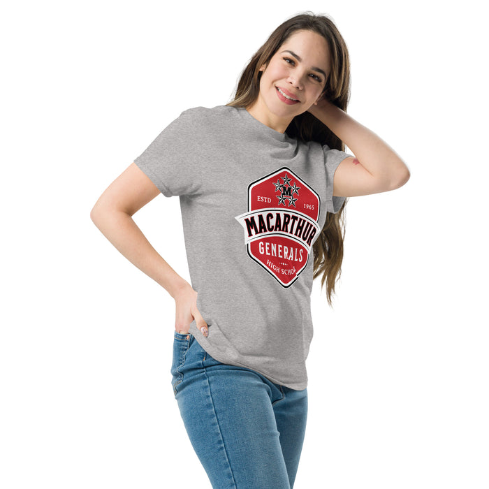 Woman wearing MacArthur High School Generals Grey Classic Unisex T-shirt 209