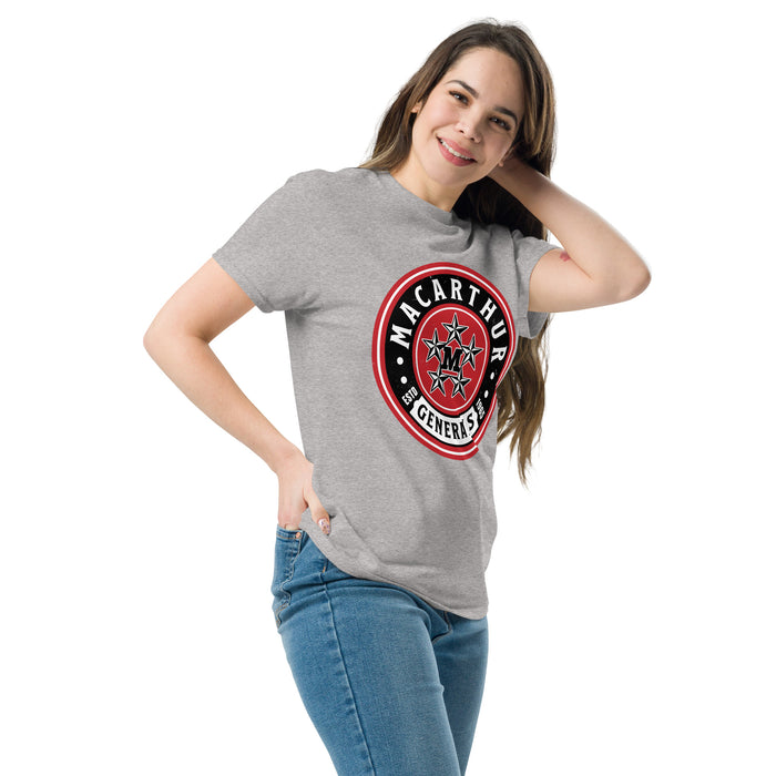 Woman wearing MacArthur High School Generals Grey Classic Unisex T-shirt 220