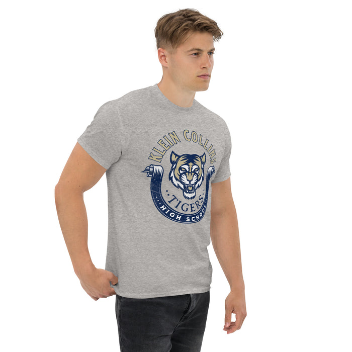 Man wearing a Klein Collins High School Tigers Classic Unisex Sport Grey T-shirt 204