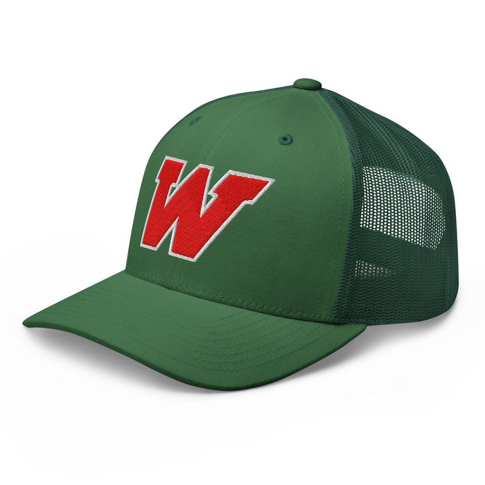 Left profile view of The Woodlands High School Highlanders Evergreen Trucker Cap 207
