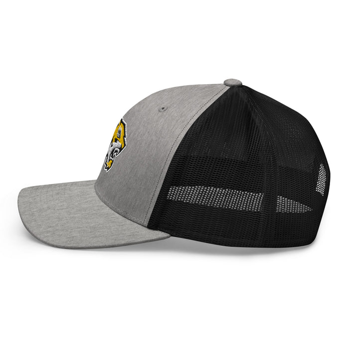 Side view of Tomball West High School Tigers Trucker Cap 202 - heather grey and black