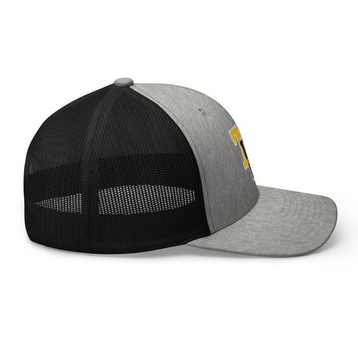 Side view of Tomball West High School Tigers Trucker Cap 204 - heather grey and black