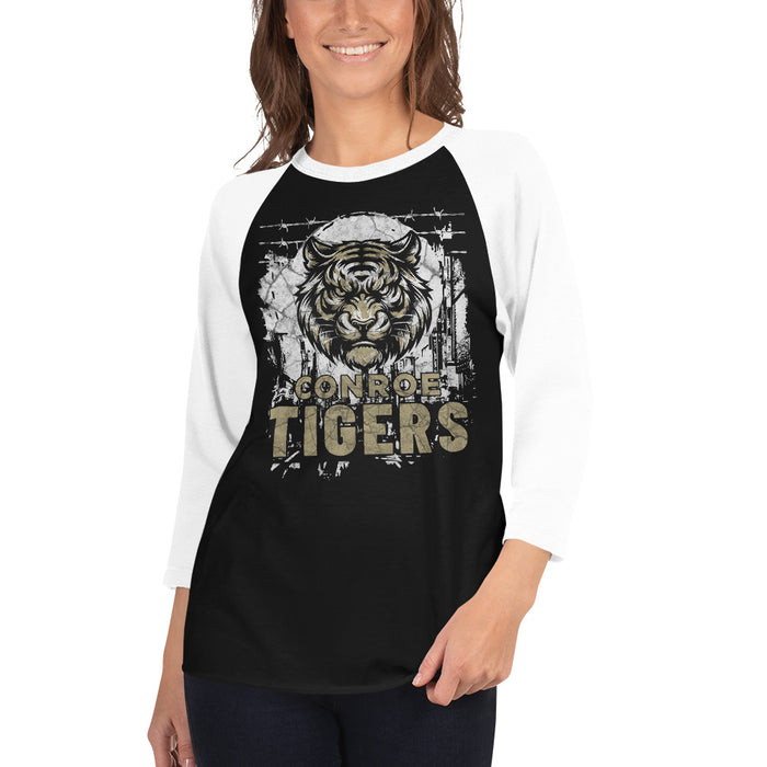 Woman wearing Conroe High School Tigers Unisex 3/4 sleeve Raglan T-shirt 202