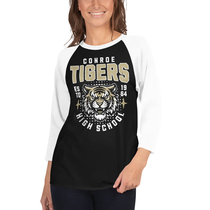 Woman wearing Conroe High School Tigers Unisex 3/4 sleeve Raglan T-shirt 204