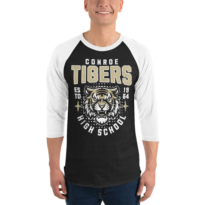 Man wearing Conroe High School Tigers Unisex 3/4 sleeve Raglan T-shirt 204