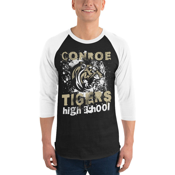 Man wearing Conroe High School Tigers Unisex 3/4 sleeve Raglan T-shirt 205