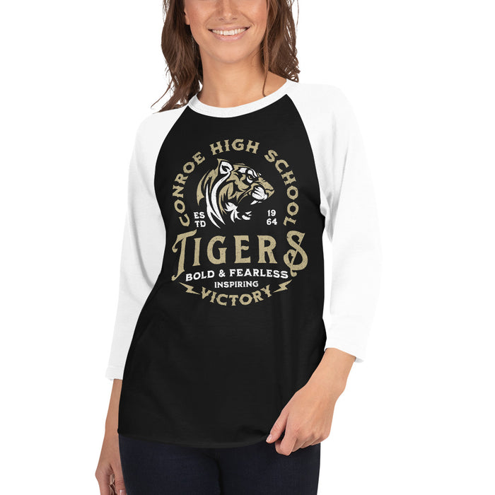 Woman wearing Conroe High School Tigers Unisex 3/4 sleeve Raglan T-shirt 206