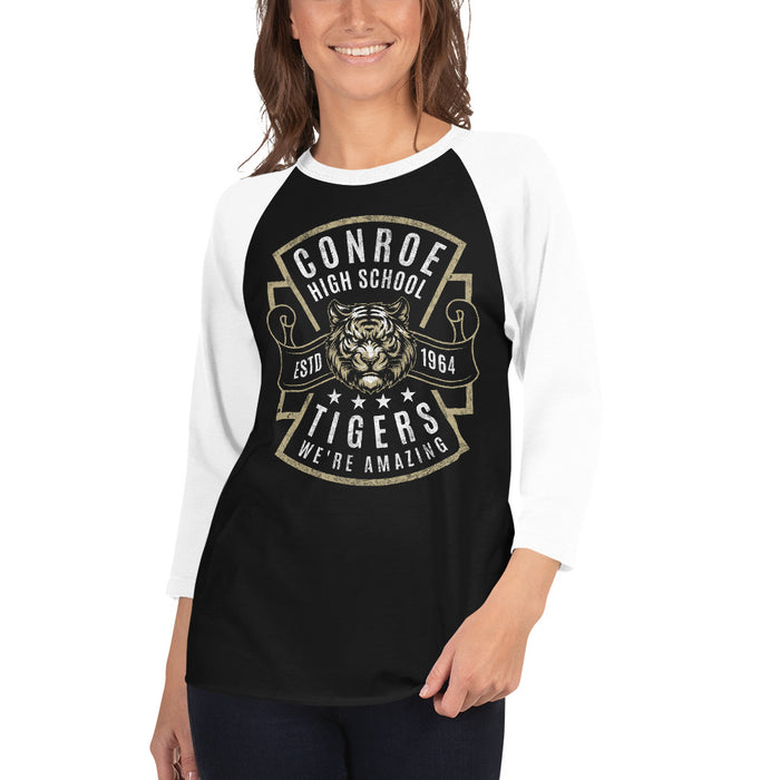 Woman wearing Conroe High School Tigers Unisex 3/4 sleeve Raglan T-shirt 207