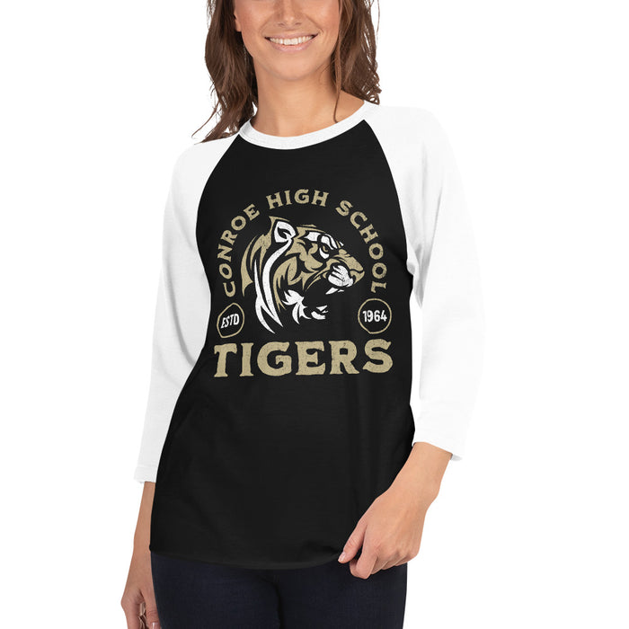 Woman wearing Conroe High School Tigers Unisex 3/4 sleeve Raglan T-shirt 208