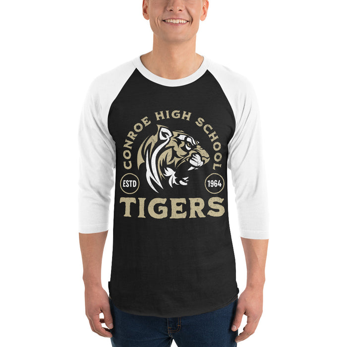 Man wearing Conroe High School Tigers Unisex 3/4 sleeve Raglan T-shirt 208